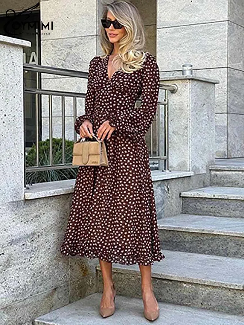 

Oymimi Casual Brown Print Dresses 2024 Women Fashion V-Neck Long Sleeve Pleated Dresses Elegant High Waist Mid-Calf Dress Female