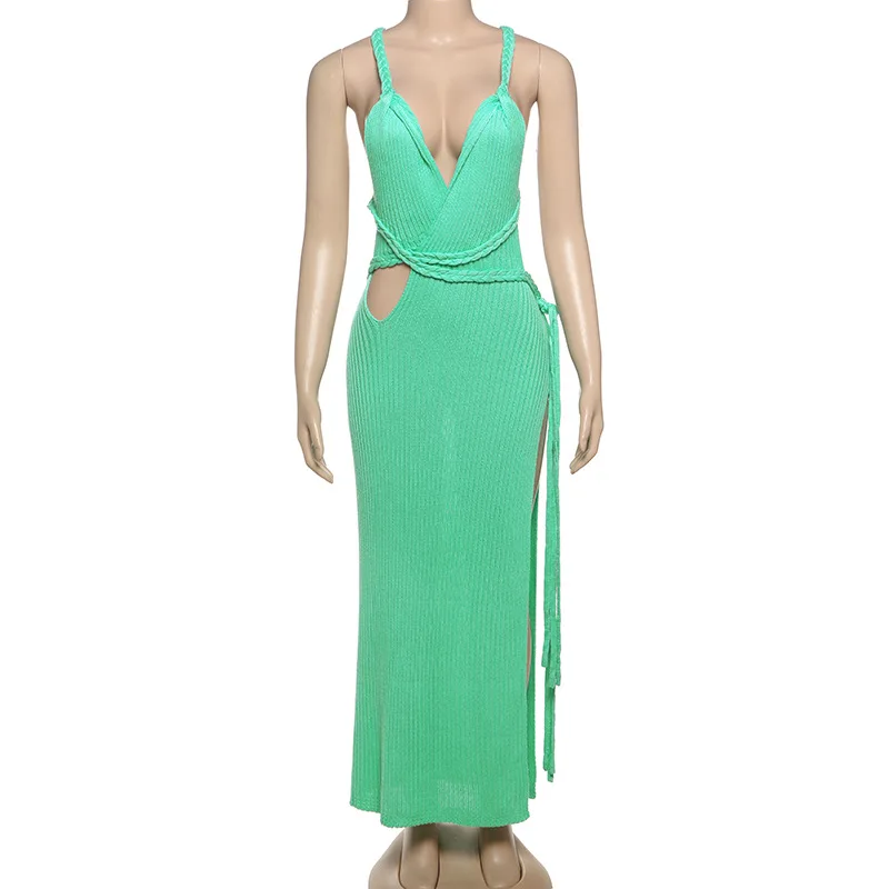 Cryptographic Knitted Green Cut Out Long Dress Summer Beachwear Outfits for Women Sexy Backless Split Deep V Neck Maxi Dresses