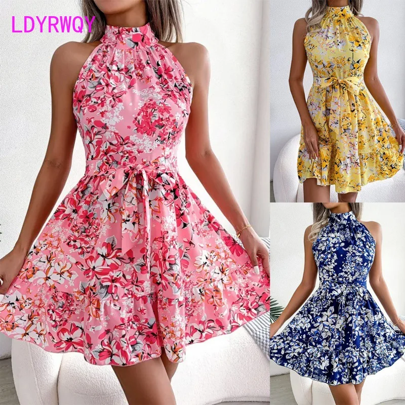 

European and American fashion new floral print hanging neck sleeveless waist cinching dress