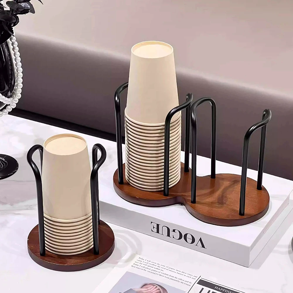 Wooden Disposable Cup Dispenser with Long Stick Tea Water Cup Storage Holder Rack Shelf Mug Display Stand Organizer for Home