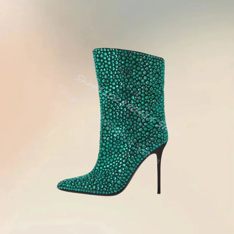 

Green Rhinestone Decor Pointed Toe Boots Side Zipper Women Shoes Thin High Heels Party Banquet Dating 2024 Zapatos Para Mujere