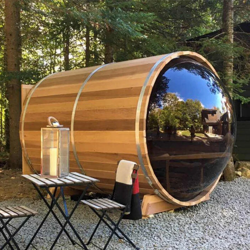 

China Supply New Design Red Cedar 4 Person Barrel Sauna Panoramic View Outdoor Glass Sauna with Stove for Sale