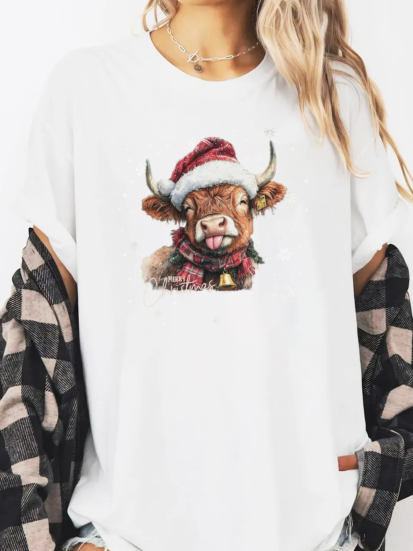 크리스마스 소 산타 모자 스카프 프린트 홀리데이 긴 소매 티셔츠 여성 캐주얼 겨울 착용 화이트 플러스 사이즈