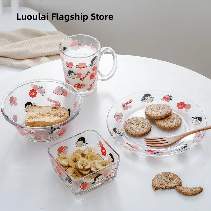 

Милая мультяшная стеклянная миска для салата, розовая миска для овсянки в стиле Ins для студентов, круглая фруктовница для взрослых в корейском и японском стиле