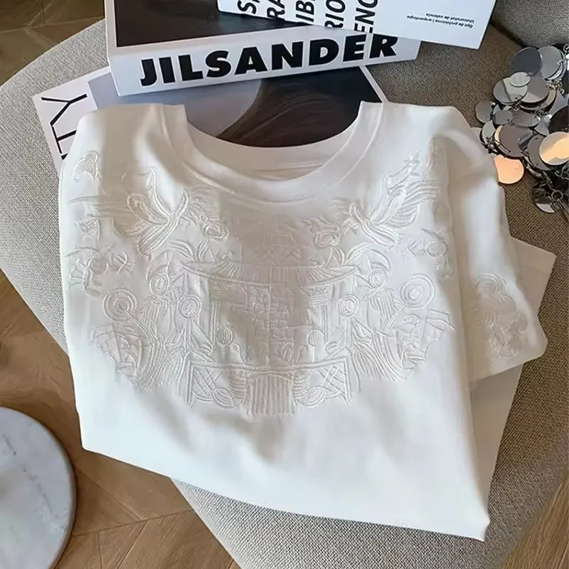 Fashion Chinese Embroidery Solid Pure Cotton T-Shirt 2025 New Summer Women Vintage Loose O-neck Casual Short Sleeve Tops