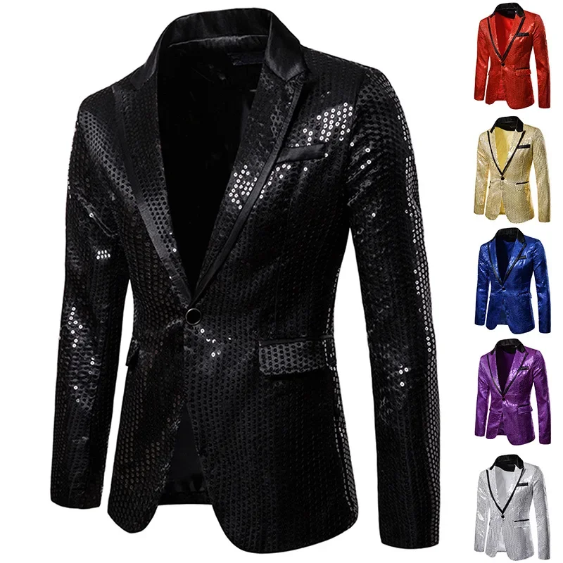 Men Nightclub Prom Suit Blazer Costume Shiny Gold Sequin Glitter Embellished Blazer Jacket Coat Homme Stage Clothes for Singers