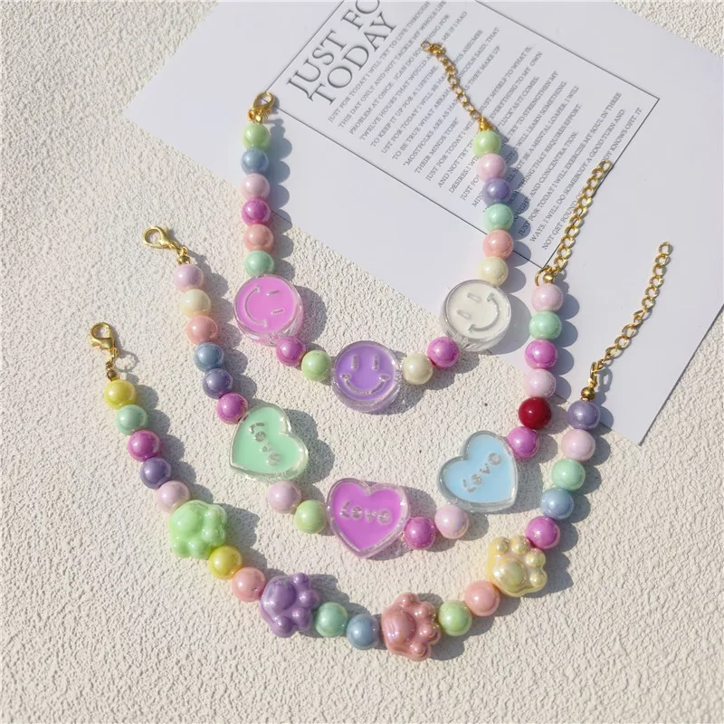 

Handmade Colorful Cartoon Bead String Pet Collar Smiling Face Love Claw Style Beads Necklace for Puppy Dog Cat Pet Supplies