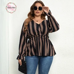 Della Mel Women Plus Size Vintage Long Sleeve Tops Striped Print Wrap V-Neck Loose Ruffles Elastic Waist Peplum Blouses 3XL 4XL