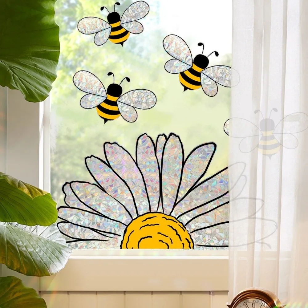 Cute Waterproof Bee Window Stickers Removable DIY Bee Glass Sticker Self-adhesive Home Decor Sunflower Wall Decals Bedroom view 2