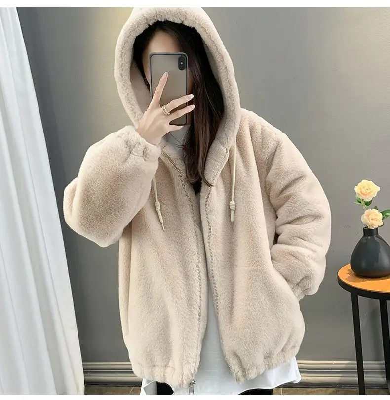 เสื้อแจ็คเก็ตขนยาวสองด้านสำหรับฤดูใบไม้ร่วงและฤดูหนาว เสื้อโค้ทผู้หญิงทรงหลวมหนาและอุ่นพร้อมฮู้ด เสื้อคลุมสำหรับผู้หญิง