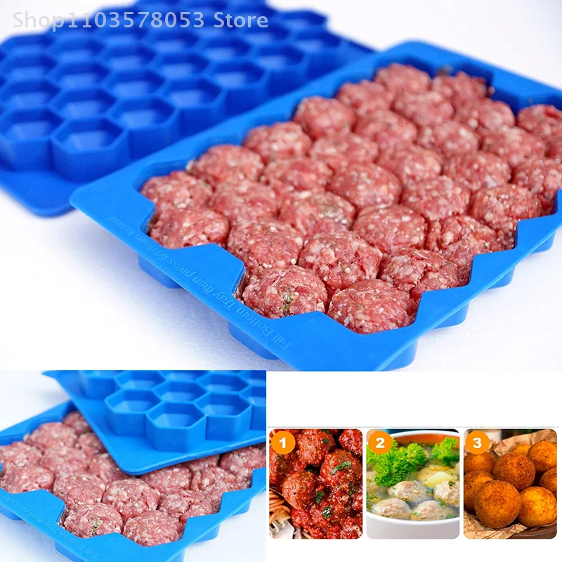 Molde de silicona de 37 rejillas para albóndigas con tapa, molde para bolas de arroz tipo panal, molde para bolas de pescado y bolas de carne, utensilios de cocina y accesorios para carne