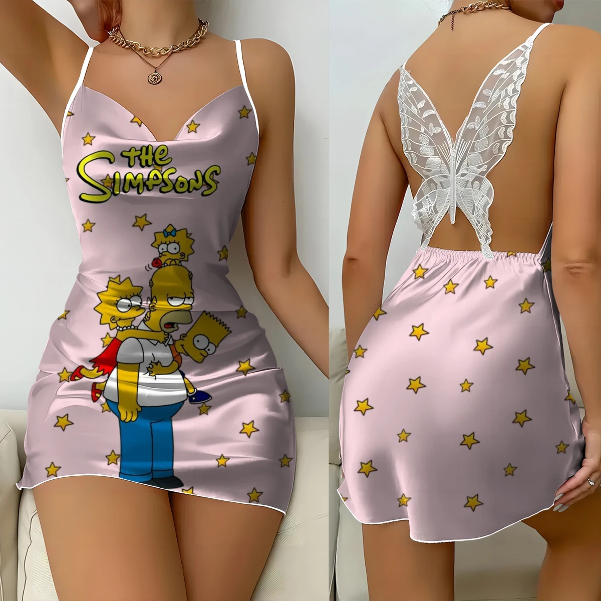 The Simpsons Printed Suspenders V-Neck Butterfly Backless Home Fashion Comfortable Pajamas Nightdress Summer Ladies Dress