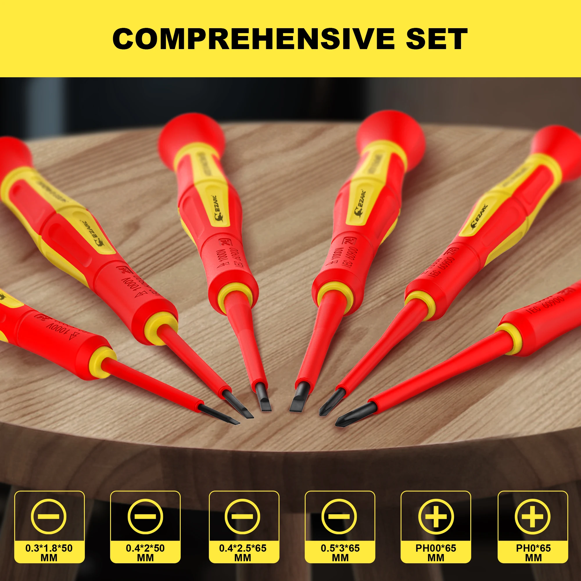 EZARC 6PCS 1000V VDE Insulated Electrician Screwdriver Set Premium S2 Steel Slotted and Phillips Bit Magnetic Tips Non-Slip Grip