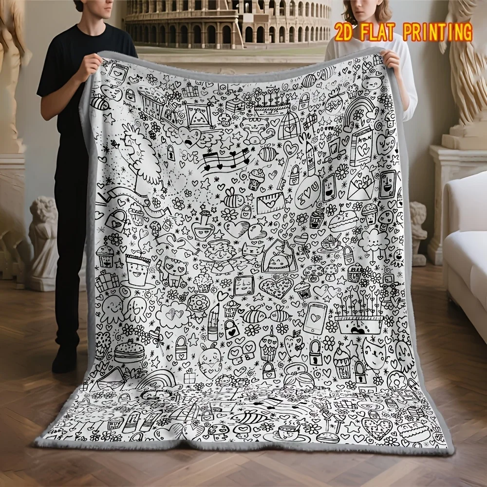 Cute Fast Food Doodle Mandala Throw Blanket Burger Pizza Ice Cream Line Art DIY blanket Soft Flannel Sofa Bed Decor