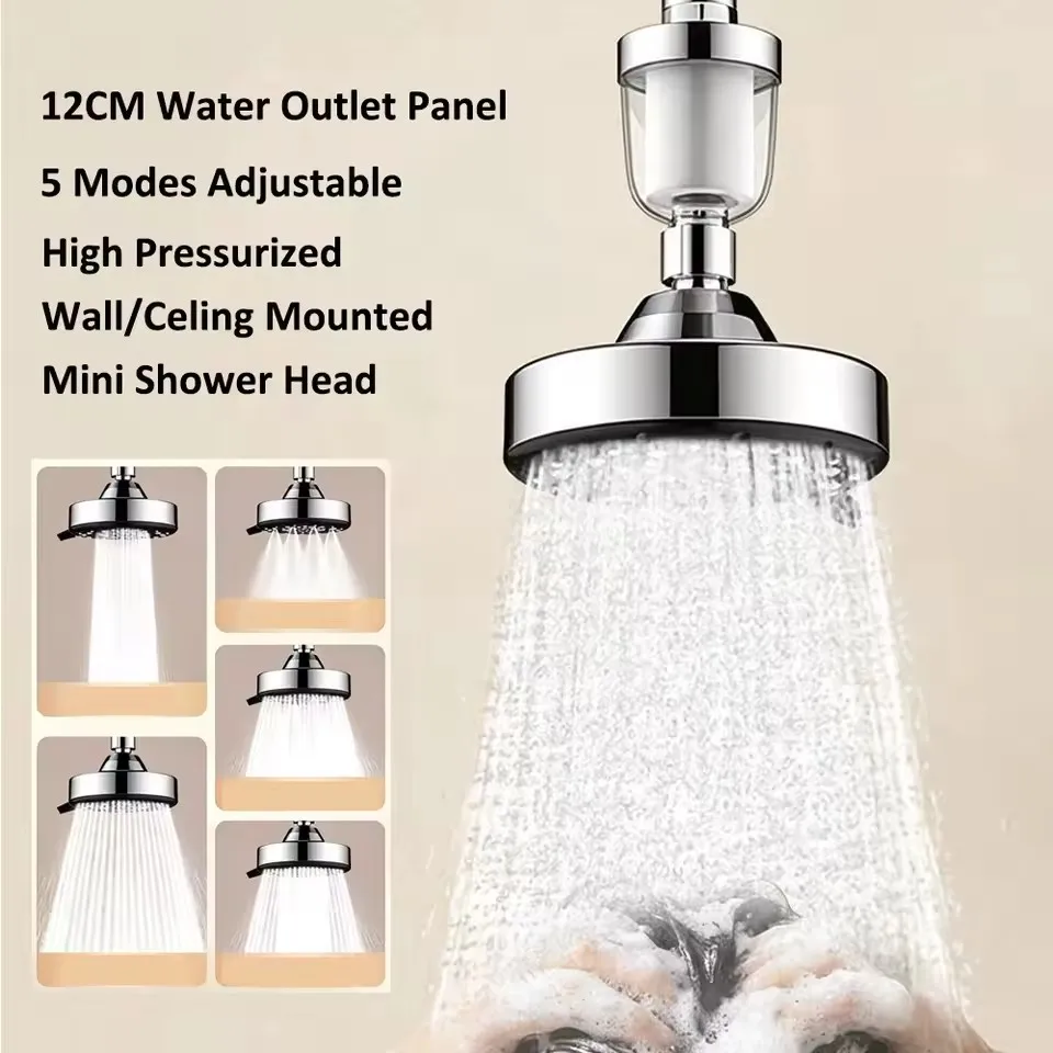 12cm Wall Mount Rainfall Showerhead 5 Modes Adjustable High Pressure Ceiling Shower Head Chlorine Fluoride Water Filter Shower