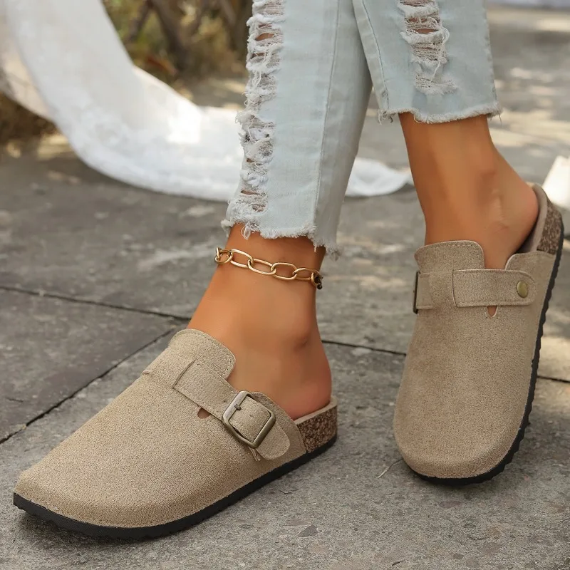 Summer New 2024 Womens Fashion Round Toe Flat Anti-slip Womens Shoes Casual Solid Color Suede Shallow Mouth Slip-on Womens Mules