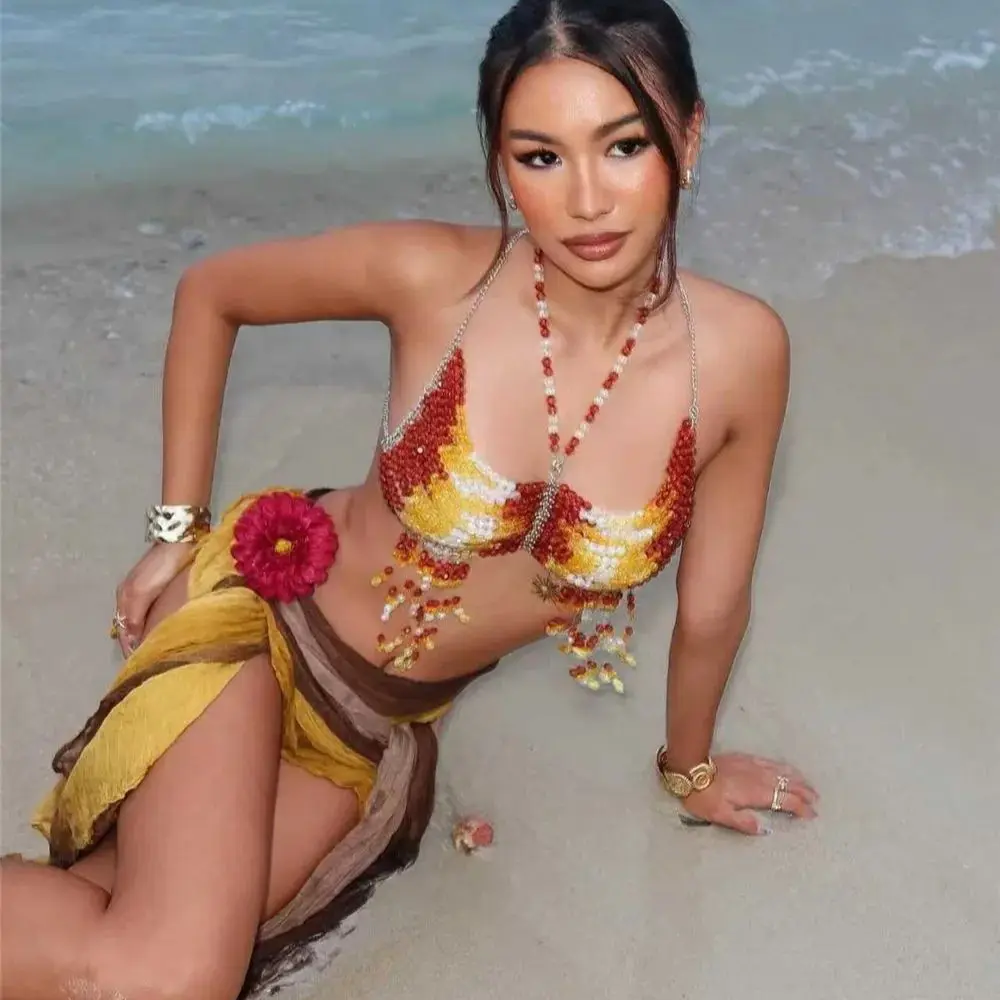 جديد Y2k مستوحاة من اللؤلؤ المظهر هامش قلادة المرأة بيكيني للشاطئ التستر عطلة جاهزة متعدد الطبقات مطرز تانك القمم