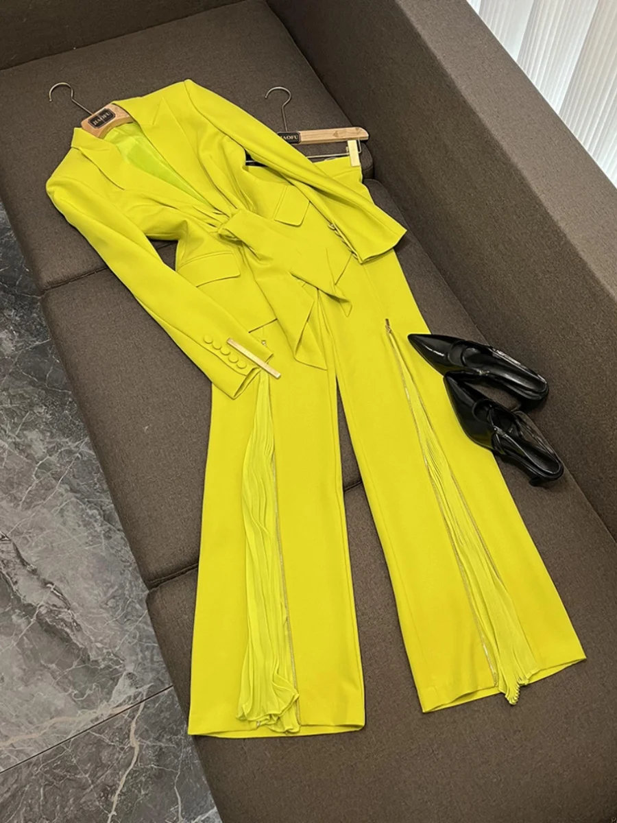 

Модный смокинг, комплект из джерси и плиссированных брюк, костюм из двух предметов с поясом на молнии, длинные брюки для женщин