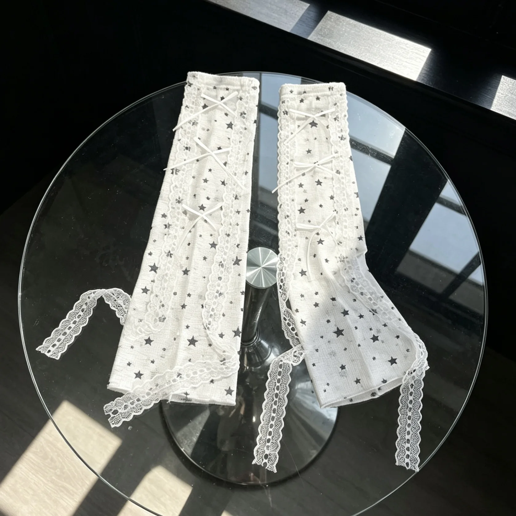 Kawaii Star Print Lace Arm Sleeves for Women Girls Y2K-style Fingerless Long Gloves with Sweet Bow Sun Protection Sleeve Covers