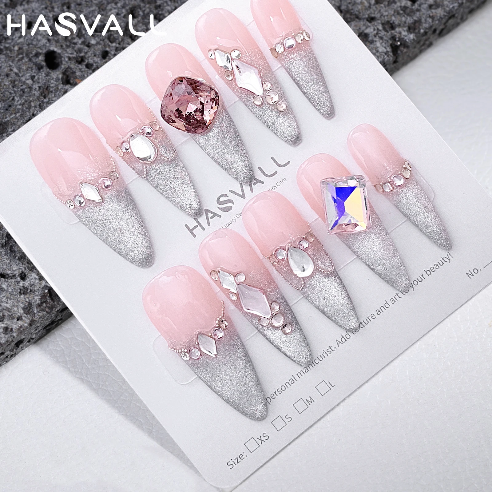 HASVALL-uñas postizas de cobertura completa, puntas de uñas postizas con diamantes de imitación, Stiletto largo francés, rosa, Y2K, realmente hecho a mano, arte de uñas