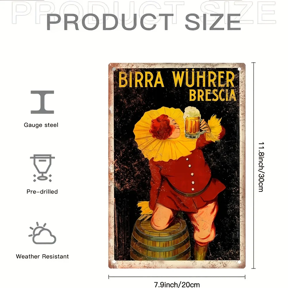Vintage Birra Wührer Brescia Clown Art Iron Sign - Weather-Resistant Metal Poster, Pre-Drilled Wall Decor for Home, Cafe, and Re
