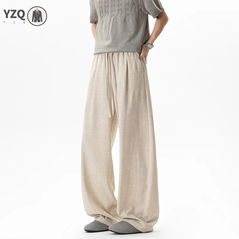 Male Minimalist Summer Long Trousers Elastic Waist Drawstring Breathable Fabric Fits Many Casual Outdoor Occasions