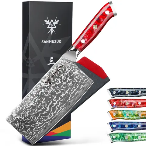 Professional Chinese Chef Knife-Xuan Series 7" Damascus Steel Multipurpose Kitchen Cleaver Knife for Meat Vegetable-Resin Handle