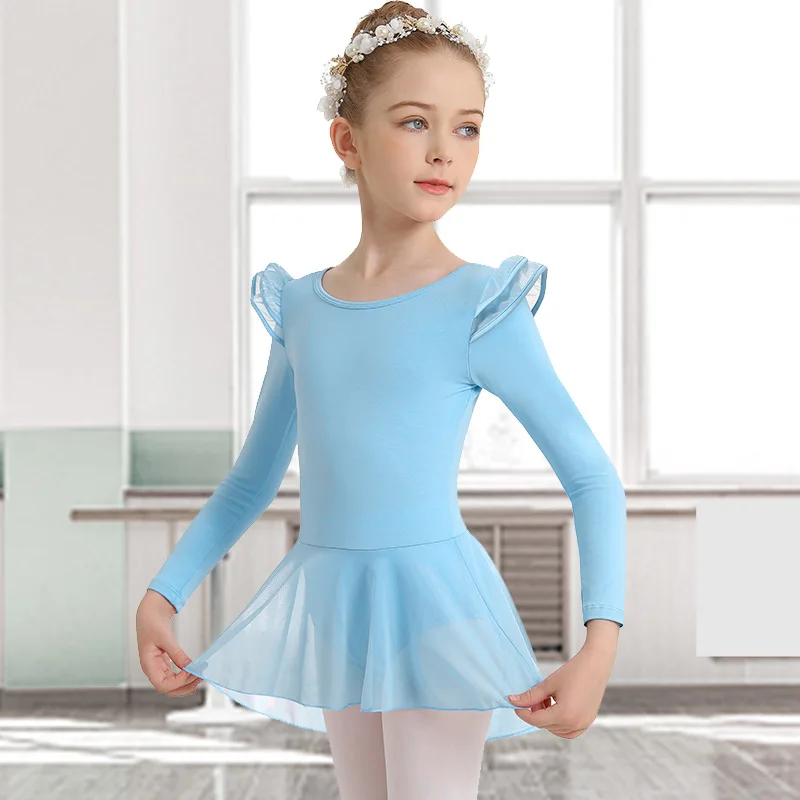 Girls Classical Round Neck Long Sleeve Ballet Leotard for girl Dance with Double-layer Butterfly Petal Wing Sleeve Skirted Dress