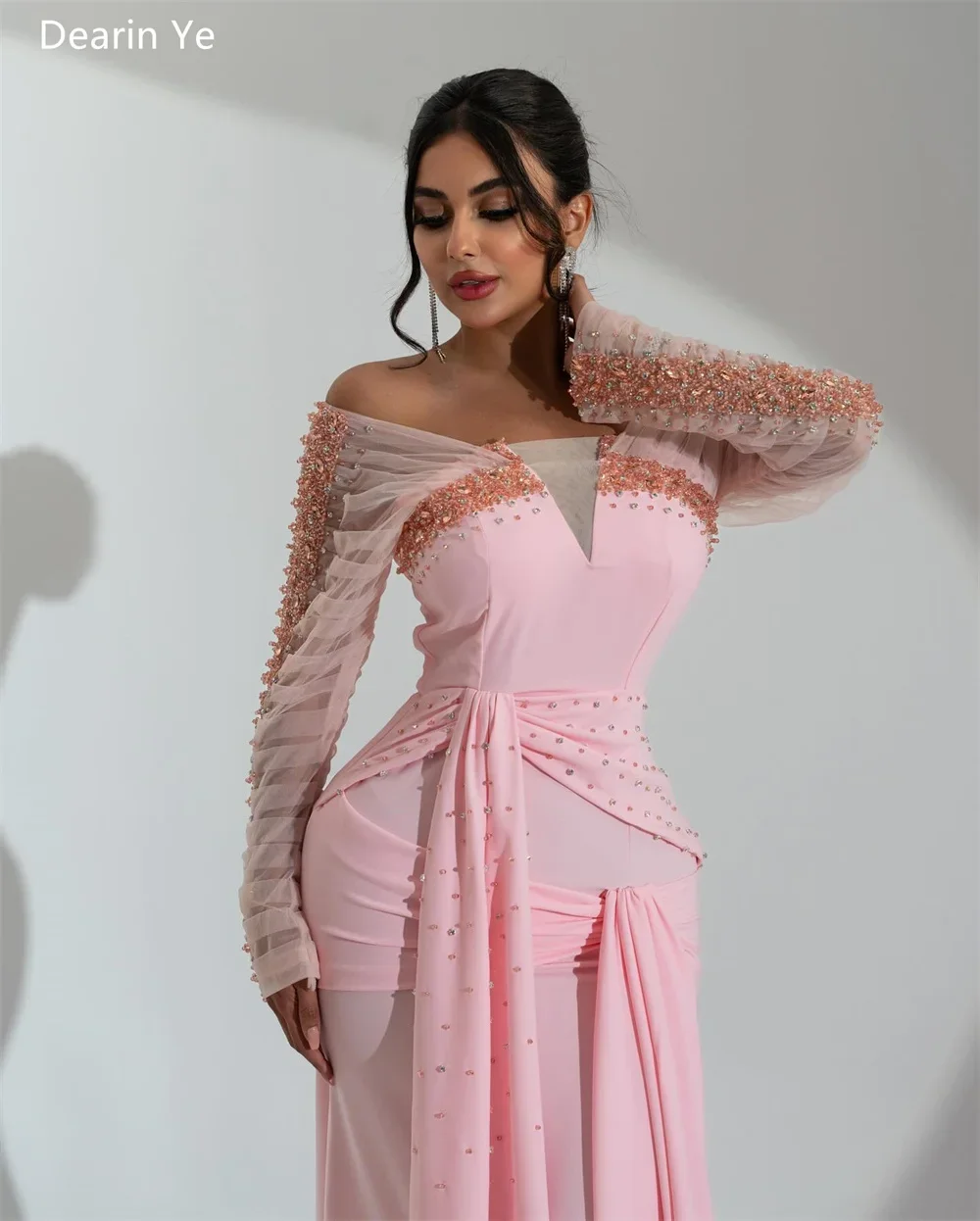 Vestido de noche personalizado Dearin, hombros descubiertos, sirena, largo hasta el suelo, faldas de lentejuelas, tul drapeado, vestidos para ocasiones a medida, saudita