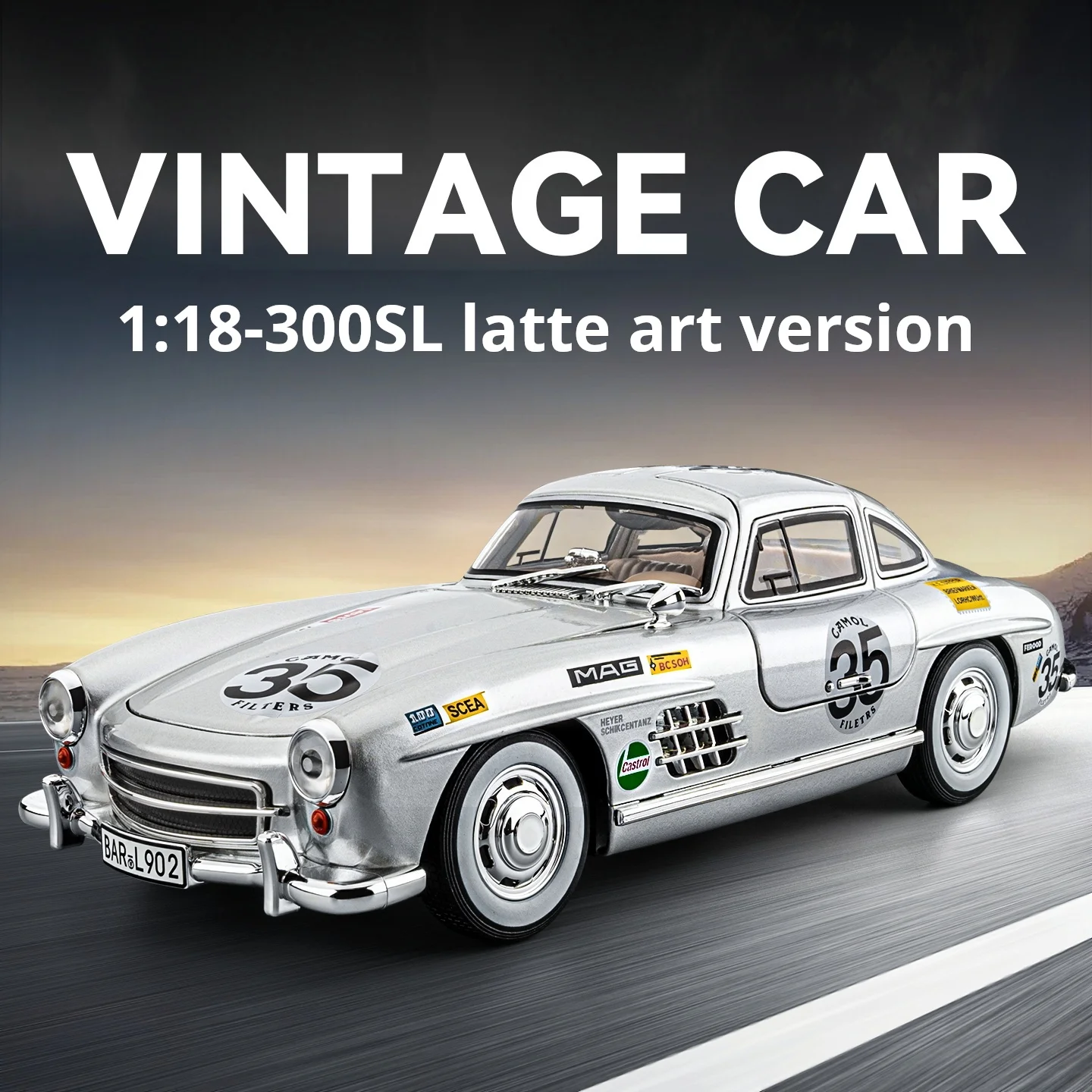 

1:18 Mercedes 300SL Striped Edition Alloy Car Model Vintage Classic Sports Car Exquisite Paint Collectible Figurine Pull Back