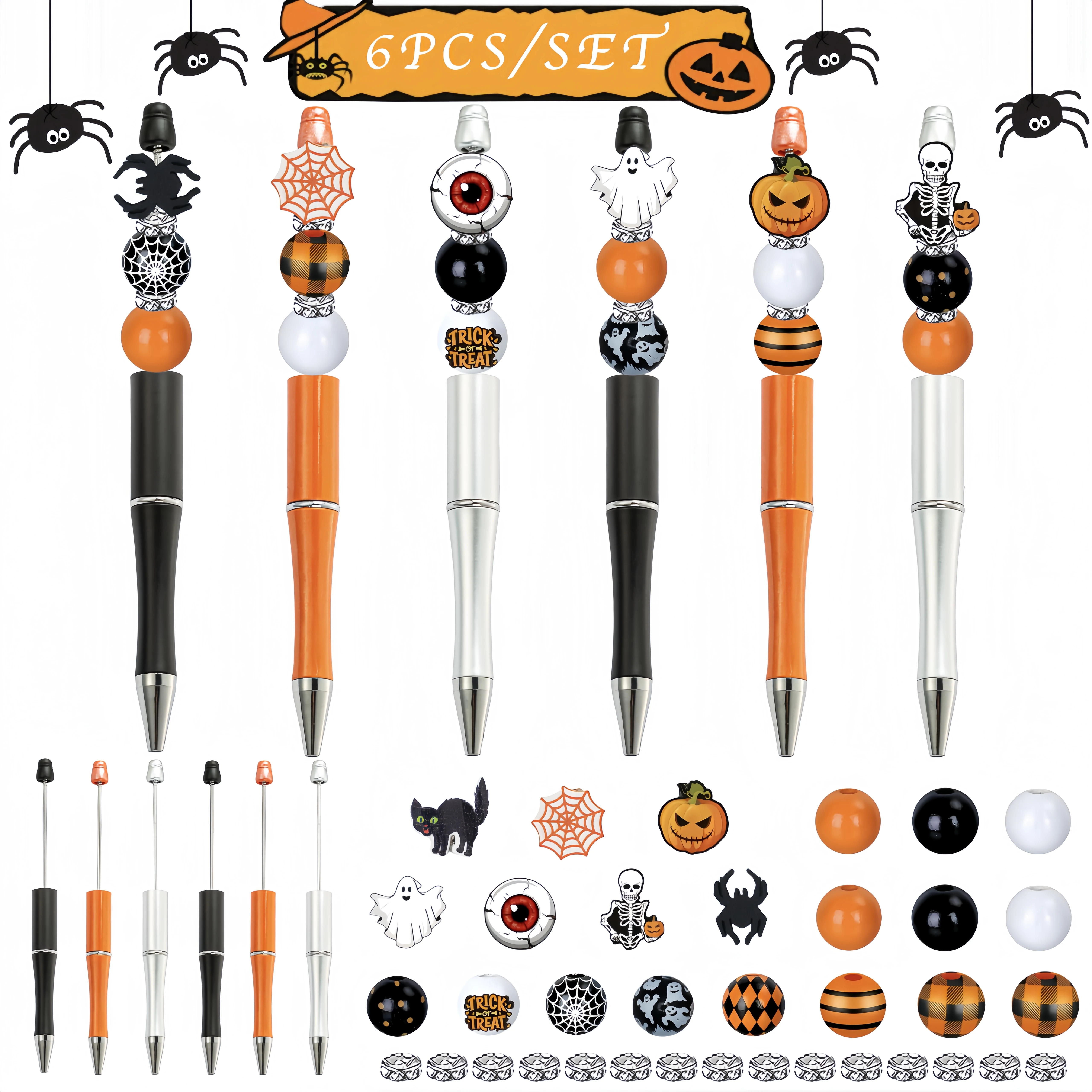 

6PCS Black Orange Halloween Pumpkin Devil Castle Bat Themed DIY Bead Ballpoint Pen& Wood Bead &Pendant Set,Office&Study Supplies