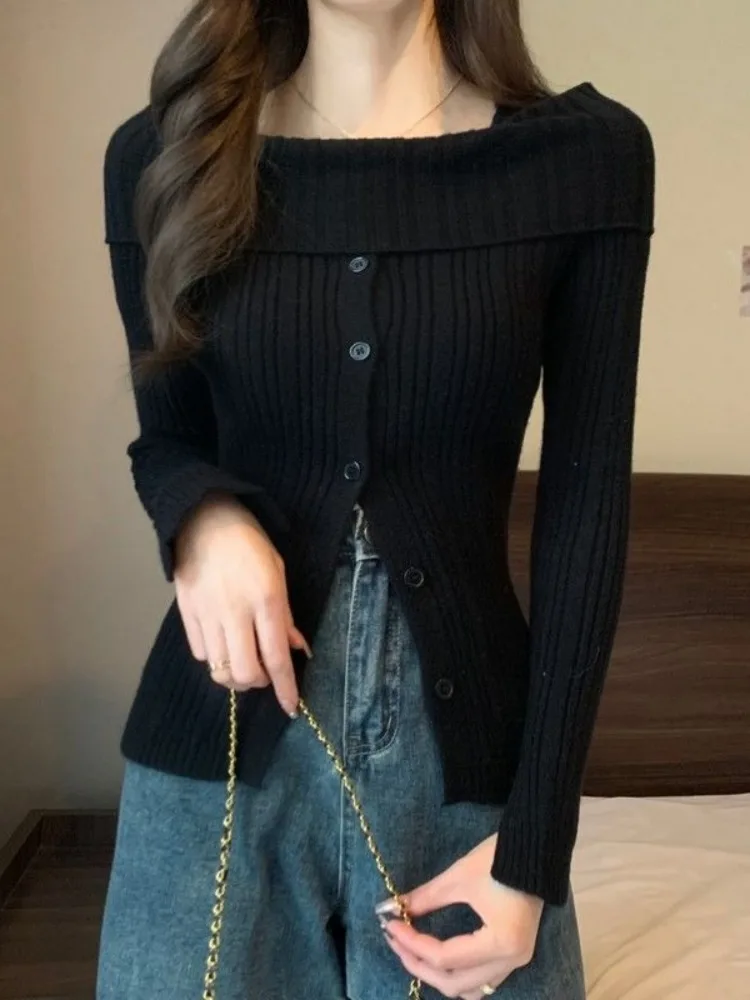 Women's Slim Fit Knitwear Square Collar Slit Design Autumn Winter Faion Ele Gentle Sle Base Top Quali Polyester Fiber