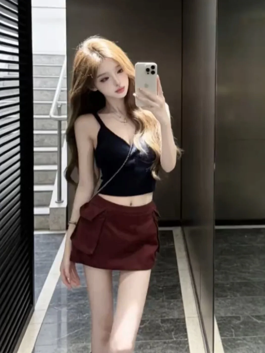 Spicy Girl Style Workwear  Skirt with Big Pockets Women's Summer Fashion Casual V-neck Strap Vest Set Slimming Effect