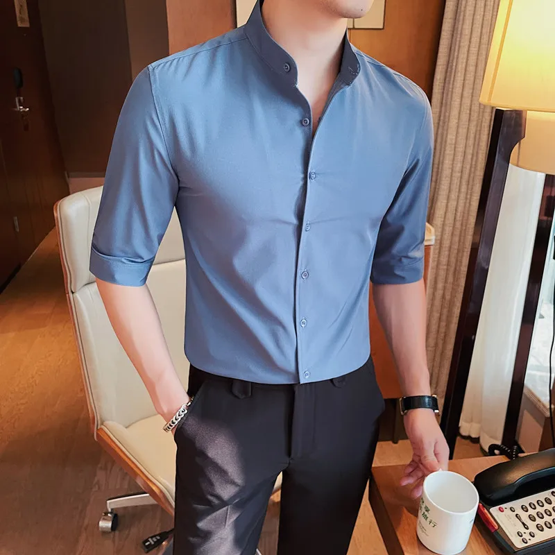 Stand Collar Men Shirt Chemise Slim Fit Homme 5XL Plus Size Half Sleeve White Shirts Vintage Male Dress Blouse Summer New 2024