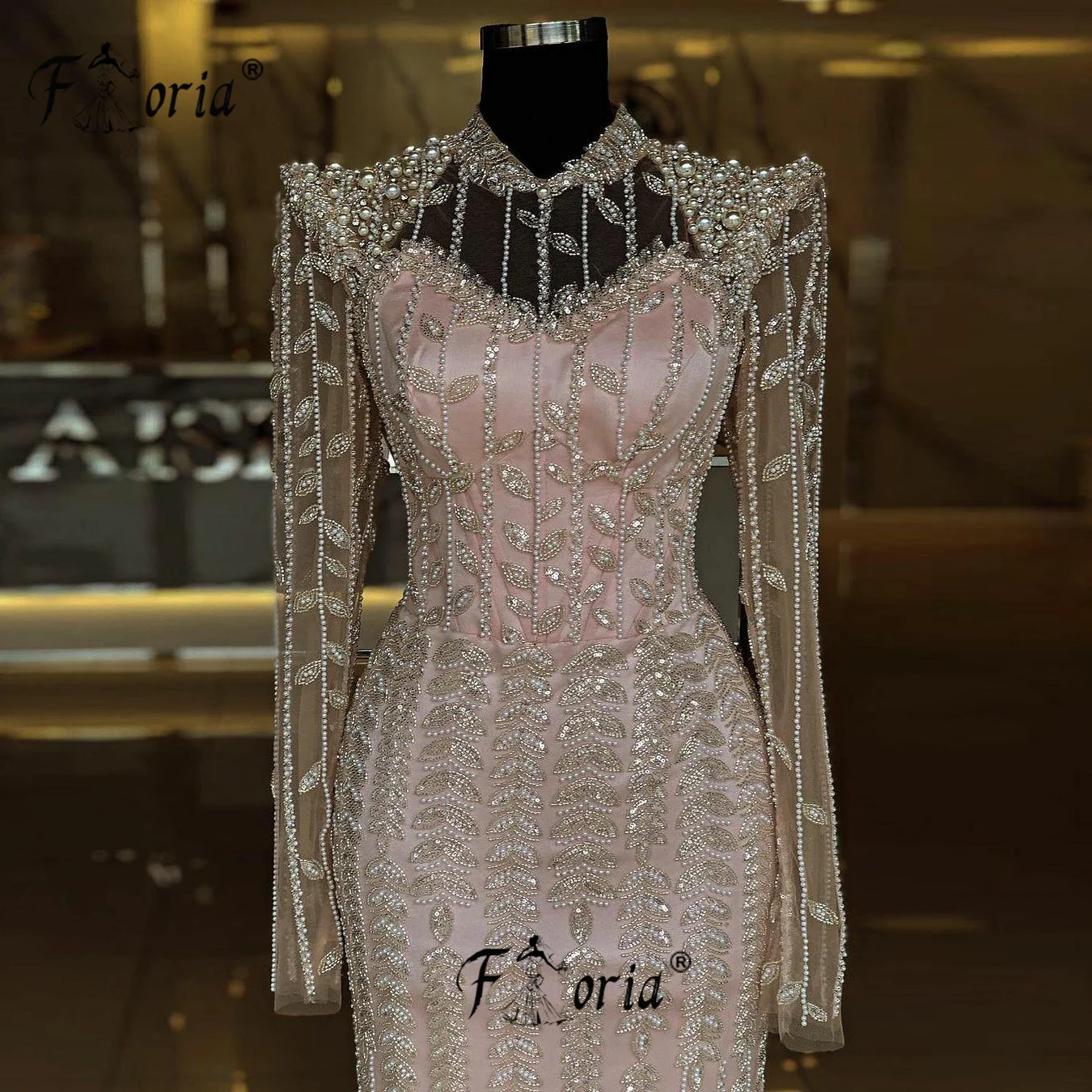 Gorgeous Full Beading Pearls Dubai Evening Dresses Long Sleeve Floor Length Arab Wedding Party Gowns vestidos de ocasión formale