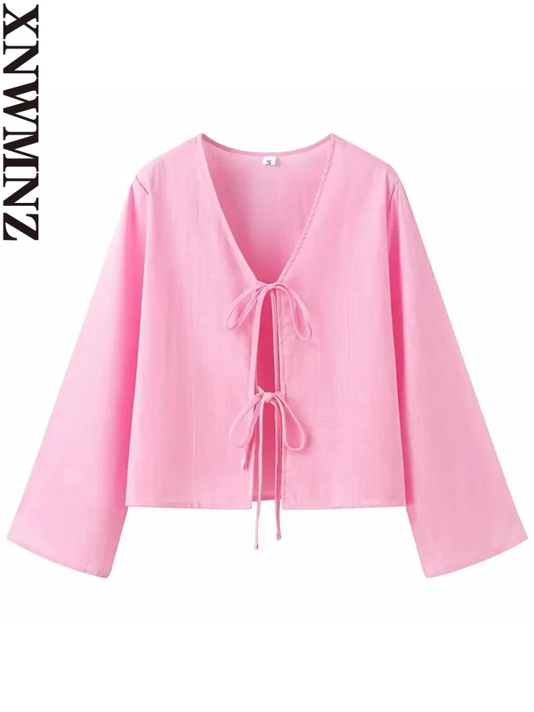 XNWMNZ 2024 Women's Fashion Tie Shirt Women High Street V-neck Long sleeved Casual Versatile Female Chic Top