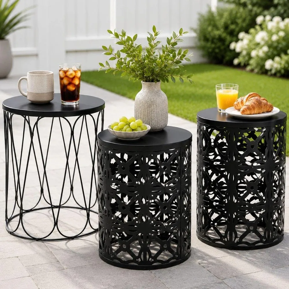 Outdoor Side Tables Set of 3 Metal Stacking Round Patio Side Tables