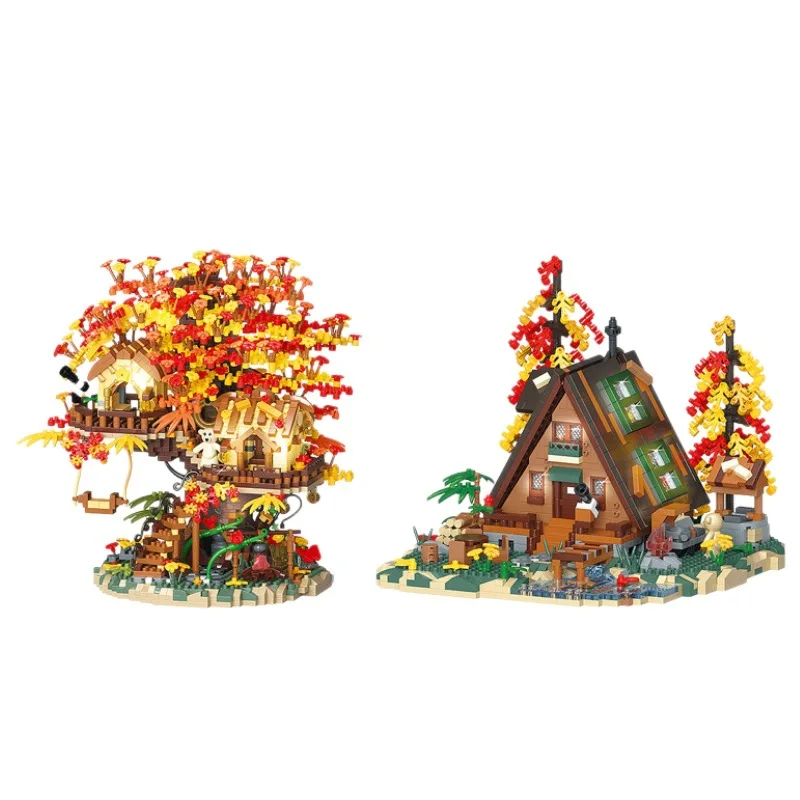 Herfst Bos Boomhut Cabine Blok Met Licht Diy Micro Dorp Huis Bakstenen Gebouw Kerst Speelgoed Home Decor