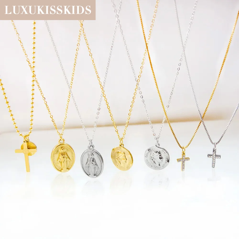 LUXUKISSKIDS acier inoxydable chapelet croix pendentif colliers christianisme bijoux économiseur Collier pour femme/homme couleur plaquée or