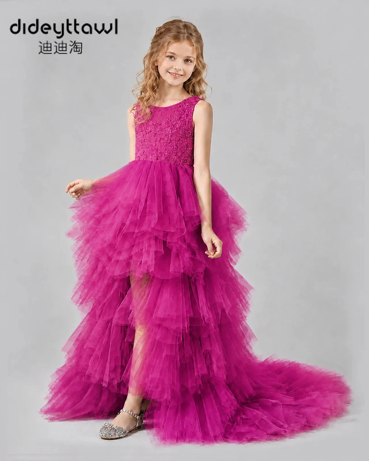 Dideyttawl Sleeveless Beaded Bodice High Low Tulle Flower Girl Dress Tiered Ruffles Long Train Multi Colors Wedding Party Gown