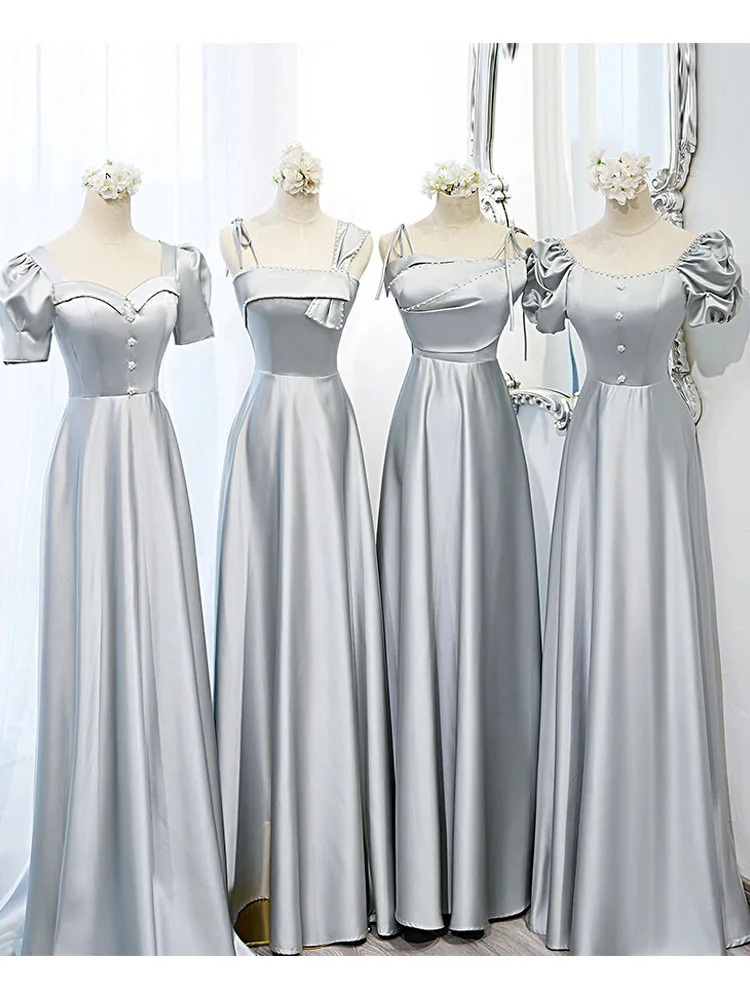 Grey Satin Bridesmaid Dress Women 2023 New Wedding Sisters Group Dresses Floor-length Slim Wedding Party Gown Formal Vestidos