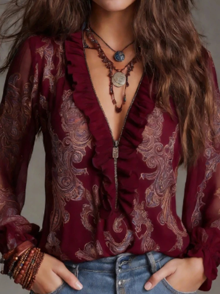 

Весенне-летние женские блузки с длинным рукавом на молнии, с V-образным вырезом, в стиле пэчворк, повседневные, шикарные, свободного кроя, модные рубашки 2026