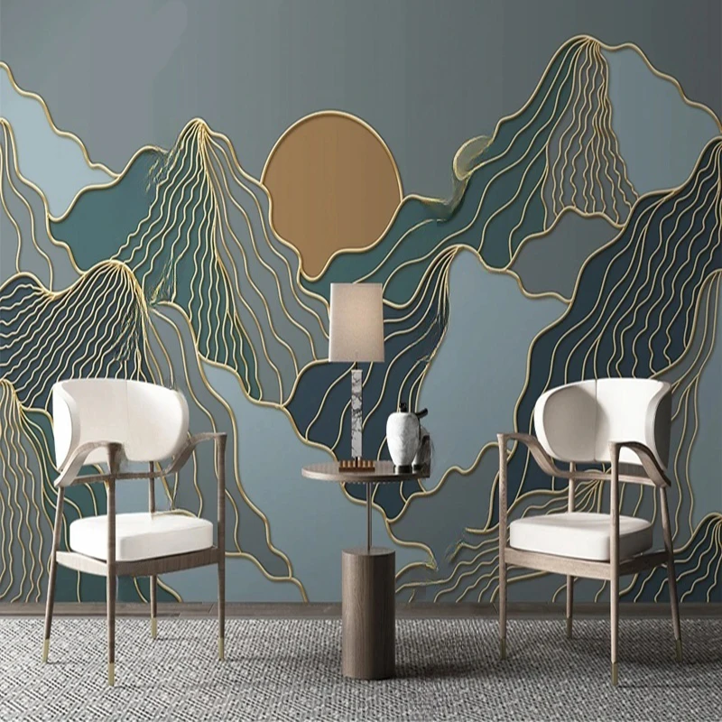 

Customized 3D Embossed Mountain Sunrise Wall Murals - Modern Chinese-style Carved Line Art Wallpaper for Living Room TV Sofa