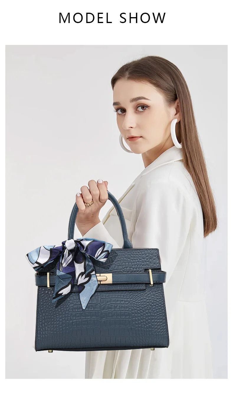 Echte Leder-Handtasche für Damen, Umwandelbar für Umhänge- und Schultertrage, mit Seidenschal, Krokodilmuster-Tragetasche – Detail 1
