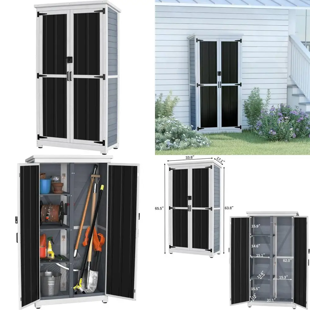 

Деревянный и металлический уличный шкаф для хранения с водонепроницаемой крышей и безопасными запираемыми дверцами для садовых садовых навесов