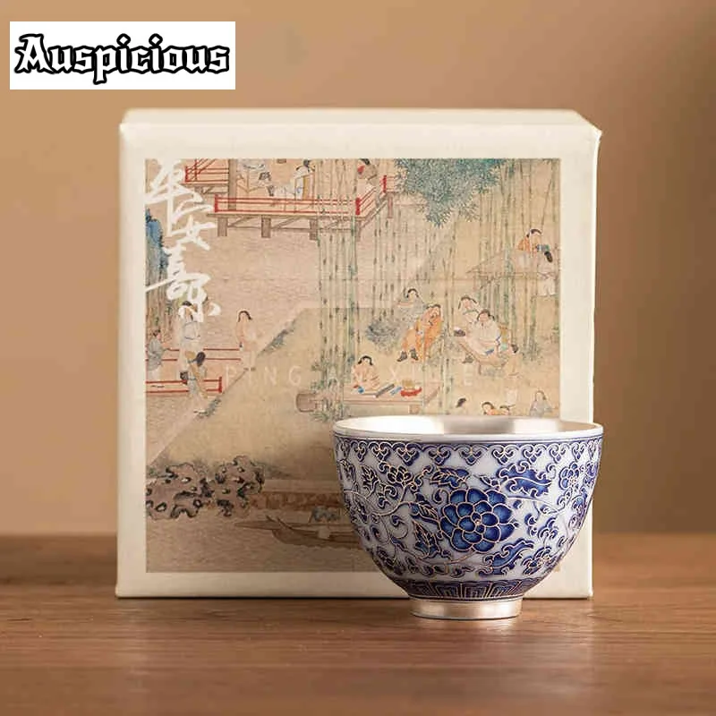 45ml Handmade Gilded Silver Ceramic Teacup Blue and White Dragon Pattern Master Cup Small Personal Jianzhan Kung Fu Teaware 1pc