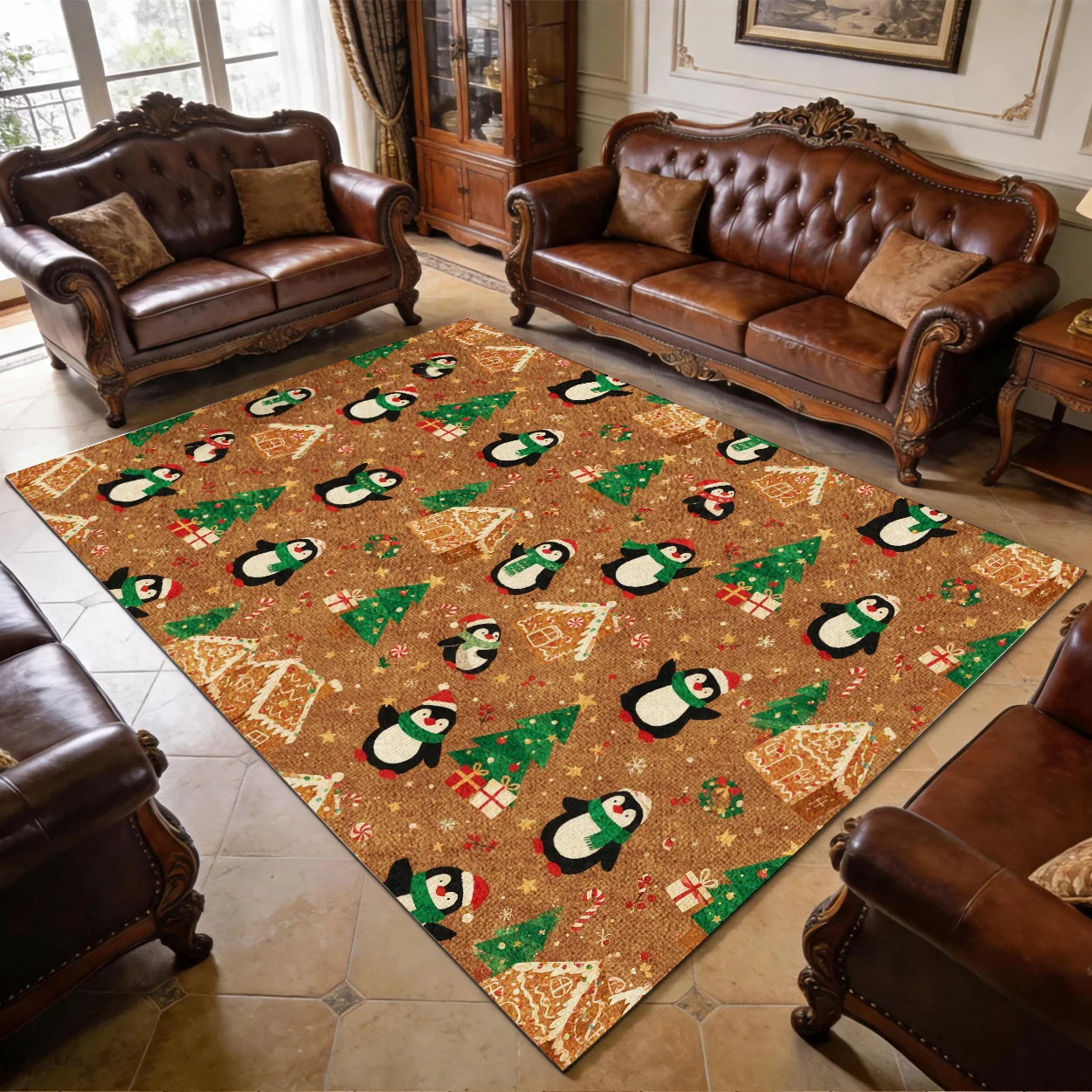 1pc 2D Flat Rectangular Christmas Area Rug, Brown Green & Red Tone, Washable Large Rug for Bedroom, Living Room, Dining Room