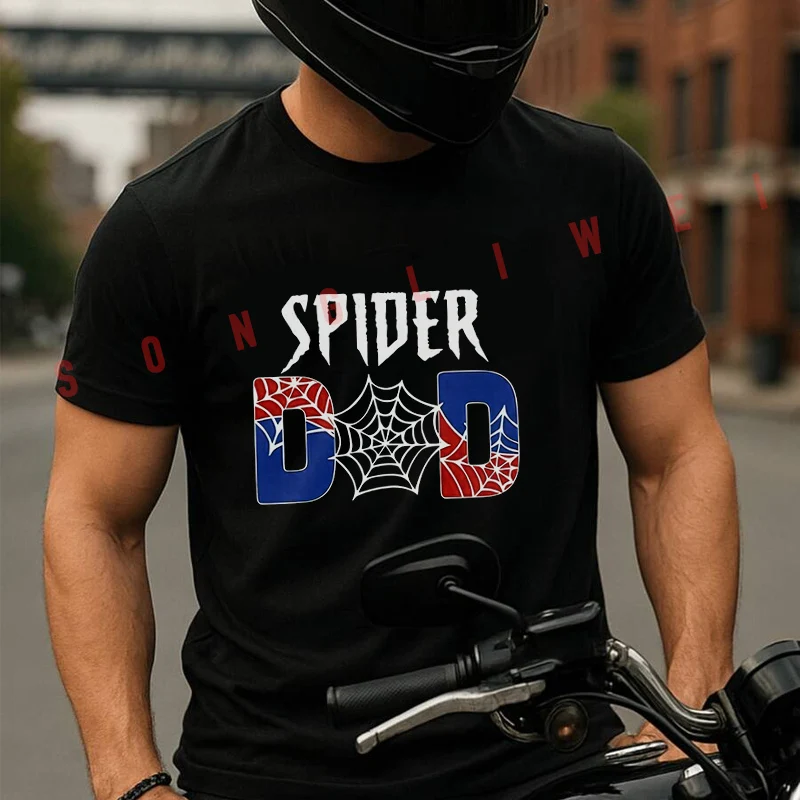 Creative Spider Web Spider Dad Print Motorcycle T-Shirt Men's Summer Casual Fashion Short Sleeve Tshirt Tops Tee view 2