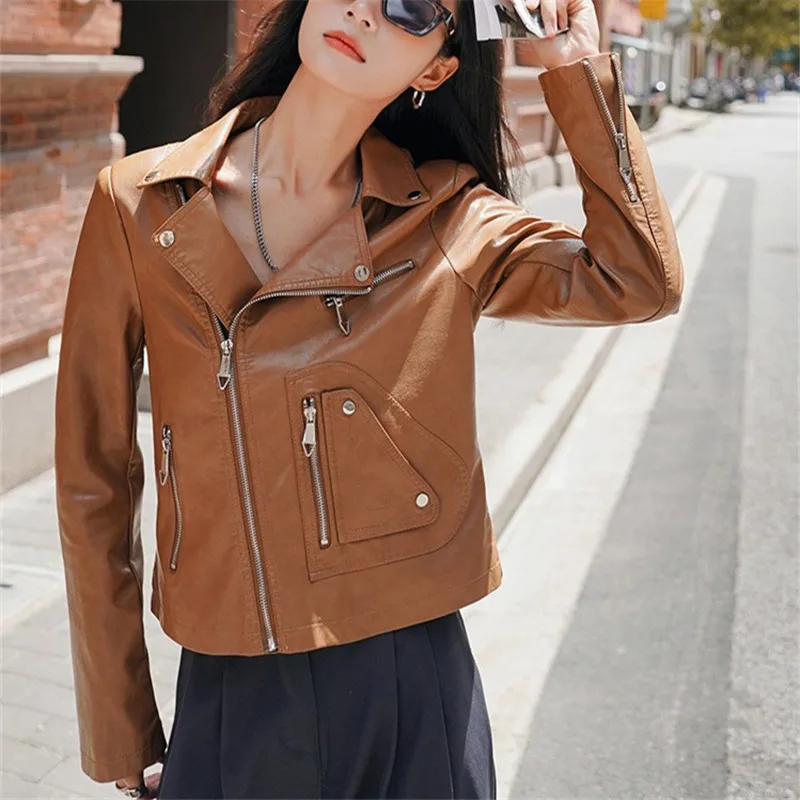 Women Brown Black Slim Short Faux Leather Jacket 2024 Spring Autumn Zipper Lapel Long Sleeve Biker Jackets Streetwear Fashion