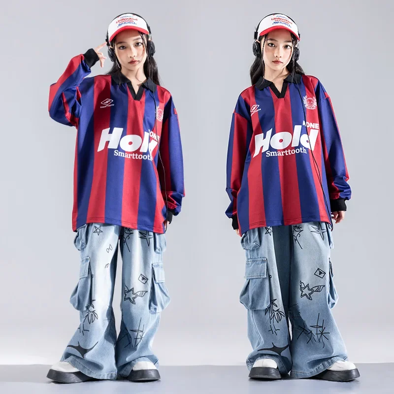 Jungen Hip Hop Streifen Sweatshirt Jogger Hosen Mädchen Lose Streetwear Kinder Kleidung Sets Kinder Jazz Street Dance K-pop Kostüme